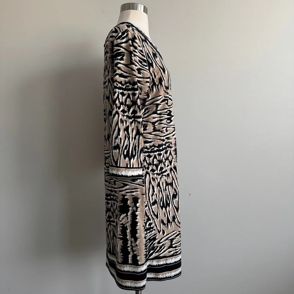 BCBGMaxazria Abstract Tribal Print Shift Dress Tan Black 3/4 Sleeve M - Picture 4 of 7